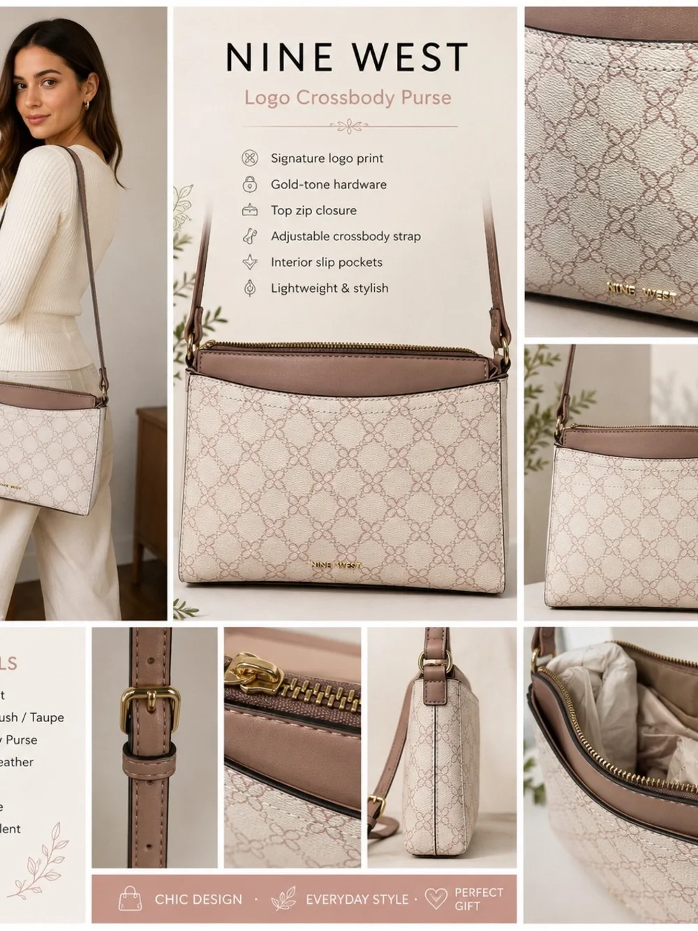 Nine West Taupe and Blush Logo Crossbody